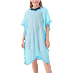 imageGORLYA Girls Casual Tassel Swimwear Cover Ups Bathing Chiffon Coverups Beach Swimsuit Wraps with Pom Pom TrimLight Blue