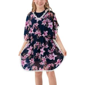 imageGORLYA Girls Casual Tassel Swimwear Cover Ups Bathing Chiffon Coverups Beach Swimsuit Wraps with Pom Pom TrimNavy Print