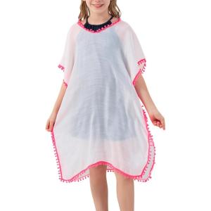 imageGORLYA Girls Casual Tassel Swimwear Cover Ups Bathing Chiffon Coverups Beach Swimsuit Wraps with Pom Pom TrimWhite