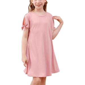 imageGORLYA Girls Cut Shoulder Split Sleeve Tie Knot Cuff Casual ALine Shift Midi Dress with Pockets 414YPink
