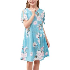 imageGORLYA Girls Cut Shoulder Split Sleeve Tie Knot Cuff Casual ALine Shift Midi Dress with Pockets 414YSky Blue Print