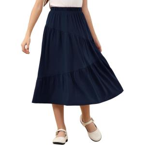 imageGORLYA Girls Holiday Casual Asymmetrical Tiered Ruffle Hem Long Swing Boho Fancy Maxi Skirt 614YNavy
