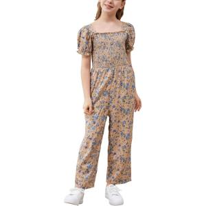 imageGORLYA Girls Puff Sleeve Casual Button Shirred Jumpsuit Outfits Straight Wide Leg Pant Jumper Rompers 414TBrown Print