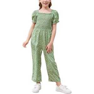 imageGORLYA Girls Puff Sleeve Casual Button Shirred Jumpsuit Outfits Straight Wide Leg Pant Jumper Rompers 414TGreen Flower