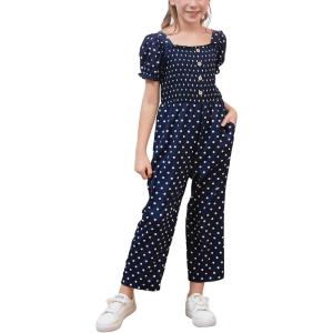 imageGORLYA Girls Puff Sleeve Casual Button Shirred Jumpsuit Outfits Straight Wide Leg Pant Jumper Rompers 414TNavy Dot