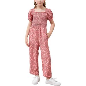imageGORLYA Girls Puff Sleeve Casual Button Shirred Jumpsuit Outfits Straight Wide Leg Pant Jumper Rompers 414TPink Flower