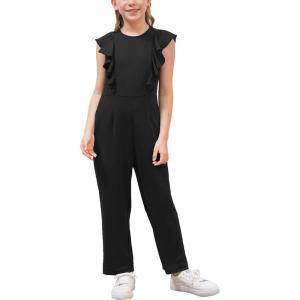 imageGORLYA Girls Ruffle Trim Flutter Sleeve Casual Jumpsuit Outfits Straight Wide Leg Long Pant Jumper Rompers 414TBlack