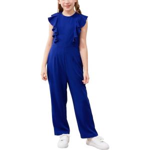 imageGORLYA Girls Ruffle Trim Flutter Sleeve Casual Jumpsuit Outfits Straight Wide Leg Long Pant Jumper Rompers 414TBlue