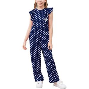 imageGORLYA Girls Ruffle Trim Flutter Sleeve Casual Jumpsuit Outfits Straight Wide Leg Long Pant Jumper Rompers 414TNavy Dot