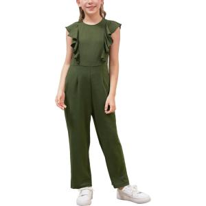 imageGORLYA Girls Ruffle Trim Flutter Sleeve Casual Jumpsuit Outfits Straight Wide Leg Long Pant Jumper Rompers 414TOlive