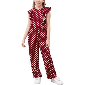 imageGORLYA Girls Ruffle Trim Flutter Sleeve Casual Jumpsuit Outfits Straight Wide Leg Long Pant Jumper Rompers 414TRed Dot
