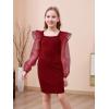 imageGORLYA Girls Mesh Ruffle Trim Bow Backless Square Neck Lantern Sleeve Slim Fitting Pencil Dress 816YWine Red