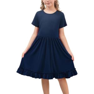 imageGORLYA Girls Casual Loose ALine Twirly Ruffle Hem Swing Skater TShirt Dress with Pockets Age 414YNavy