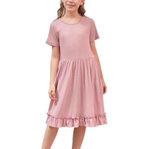 imageGORLYA Girls Casual Loose ALine Twirly Ruffle Hem Swing Skater TShirt Dress with Pockets Age 414YPink