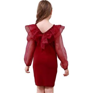 imageGORLYA Girls Mesh Ruffle Trim Bow Backless Square Neck Lantern Sleeve Slim Fitting Pencil Dress 816YWine Red