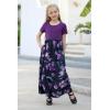 imageGORLYA Girls Short Sleeve Patchwork Floral Print Loose Casual Long Maxi Dress with Pockets for 412 Years KidsPurple Print