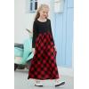 imageGORLYA Girls Short Sleeve Patchwork Floral Print Loose Casual Long Maxi Dress with Pockets for 412 Years KidsRed Plaidlong Sleeve