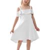 imageGORLYA Girls Cold Shoulder Flounce Trim Elegant Casual Formal Dress with Pockets for 414T KidsWhite