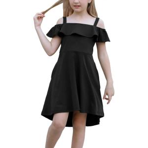 imageGORLYA Girls Cold Shoulder Flounce Trim Elegant Casual Formal Dress with Pockets for 414T KidsBlack