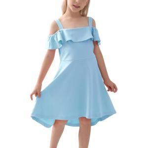 imageGORLYA Girls Cold Shoulder Flounce Trim Elegant Casual Formal Dress with Pockets for 414T KidsBlue