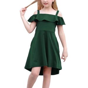 imageGORLYA Girls Cold Shoulder Flounce Trim Elegant Casual Formal Dress with Pockets for 414T KidsGreen