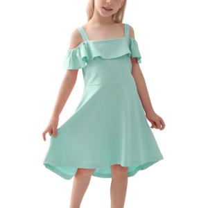 imageGORLYA Girls Cold Shoulder Flounce Trim Elegant Casual Formal Dress with Pockets for 414T KidsMint Green