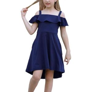 imageGORLYA Girls Cold Shoulder Flounce Trim Elegant Casual Formal Dress with Pockets for 414T KidsNavy