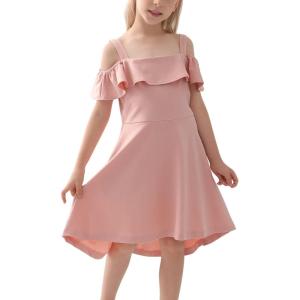 imageGORLYA Girls Cold Shoulder Flounce Trim Elegant Casual Formal Dress with Pockets for 414T KidsPink
