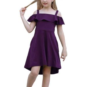 imageGORLYA Girls Cold Shoulder Flounce Trim Elegant Casual Formal Dress with Pockets for 414T KidsPurple