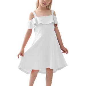 imageGORLYA Girls Cold Shoulder Flounce Trim Elegant Casual Formal Dress with Pockets for 414T KidsWhite