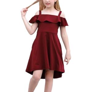 imageGORLYA Girls Cold Shoulder Flounce Trim Elegant Casual Formal Dress with Pockets for 414T KidsWine Red