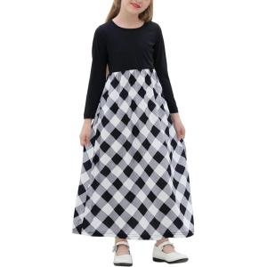 imageGORLYA Girls Short Sleeve Patchwork Floral Print Loose Casual Long Maxi Dress with Pockets for 412 Years KidsBlack Plaidlong Sleeve