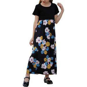imageGORLYA Girls Short Sleeve Patchwork Floral Print Loose Casual Long Maxi Dress with Pockets for 412 Years KidsBlack Print