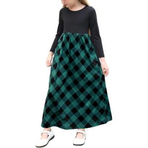 imageGORLYA Girls Short Sleeve Patchwork Floral Print Loose Casual Long Maxi Dress with Pockets for 412 Years KidsGreen Plaidlong Sleeve