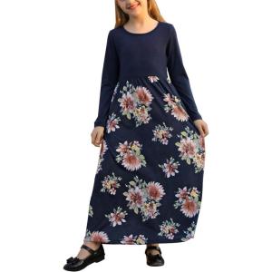 imageGORLYA Girls Short Sleeve Patchwork Floral Print Loose Casual Long Maxi Dress with Pockets for 412 Years KidsNavy Print  Long Sleeve