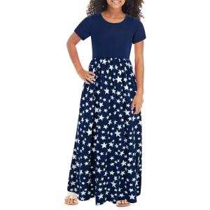 imageGORLYA Girls Short Sleeve Patchwork Floral Print Loose Casual Long Maxi Dress with Pockets for 412 Years KidsNavy Star