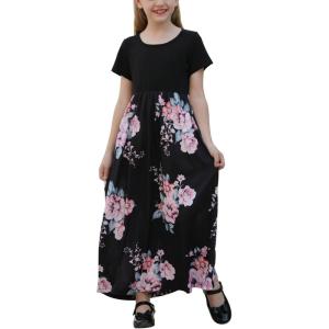 imageGORLYA Girls Short Sleeve Patchwork Floral Print Loose Casual Long Maxi Dress with Pockets for 412 Years KidsPink Flower