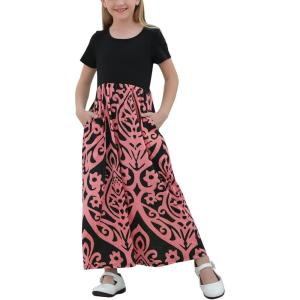 imageGORLYA Girls Short Sleeve Patchwork Floral Print Loose Casual Long Maxi Dress with Pockets for 412 Years KidsPink Print