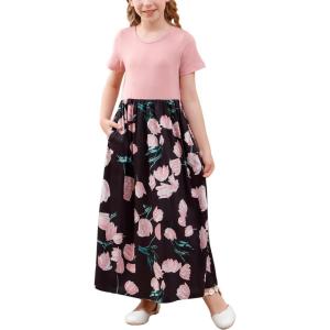 imageGORLYA Girls Short Sleeve Patchwork Floral Print Loose Casual Long Maxi Dress with Pockets for 412 Years KidsPinkpink Flower