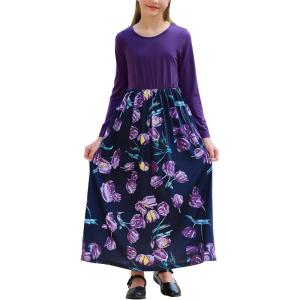 imageGORLYA Girls Short Sleeve Patchwork Floral Print Loose Casual Long Maxi Dress with Pockets for 412 Years KidsPurple Print  Long Sleeve