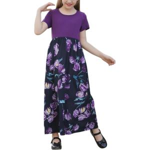 imageGORLYA Girls Short Sleeve Patchwork Floral Print Loose Casual Long Maxi Dress with Pockets for 412 Years KidsPurple Print