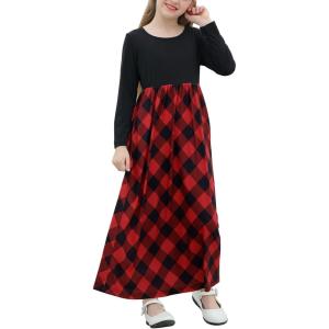 imageGORLYA Girls Short Sleeve Patchwork Floral Print Loose Casual Long Maxi Dress with Pockets for 412 Years KidsRed Plaidlong Sleeve