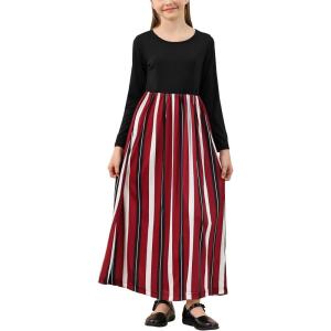 imageGORLYA Girls Short Sleeve Patchwork Floral Print Loose Casual Long Maxi Dress with Pockets for 412 Years KidsRed Stripe  Long Sleeve