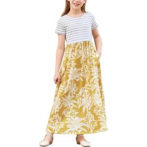 imageGORLYA Girls Short Sleeve Patchwork Floral Print Loose Casual Long Maxi Dress with Pockets for 412 Years KidsStripeyellow Leaf