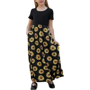 imageGORLYA Girls Short Sleeve Patchwork Floral Print Loose Casual Long Maxi Dress with Pockets for 412 Years KidsYellow Flower