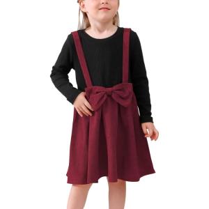 imageGORLYA Toddler Girls Long Sleeve Cute Bow Sweater Patchwork Corduroy Suspender Dress for 28TWine Red