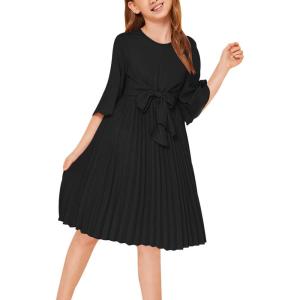 imageGORLYA Girls Bell Sleeve Front Bow Tie Casual Elegant Fit and Flare Chiffon Pleated Dress for 414T KidsBlack Color