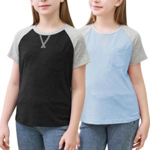 imageGORLYA 2 Pack Girls Contrast Raglan Sleeve TShirt Casual Simple Basic Tee Tops with Pocket for 816YBlackblue