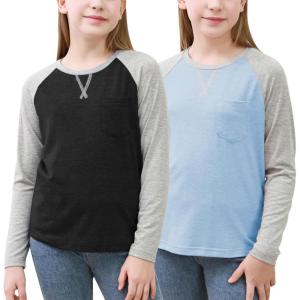 imageGORLYA 2 Pack Girls Contrast Raglan Sleeve TShirt Casual Simple Basic Tee Tops with Pocket for 816YBlackblue Long Sleeve