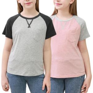 imageGORLYA 2 Pack Girls Contrast Raglan Sleeve TShirt Casual Simple Basic Tee Tops with Pocket for 816YGraypink